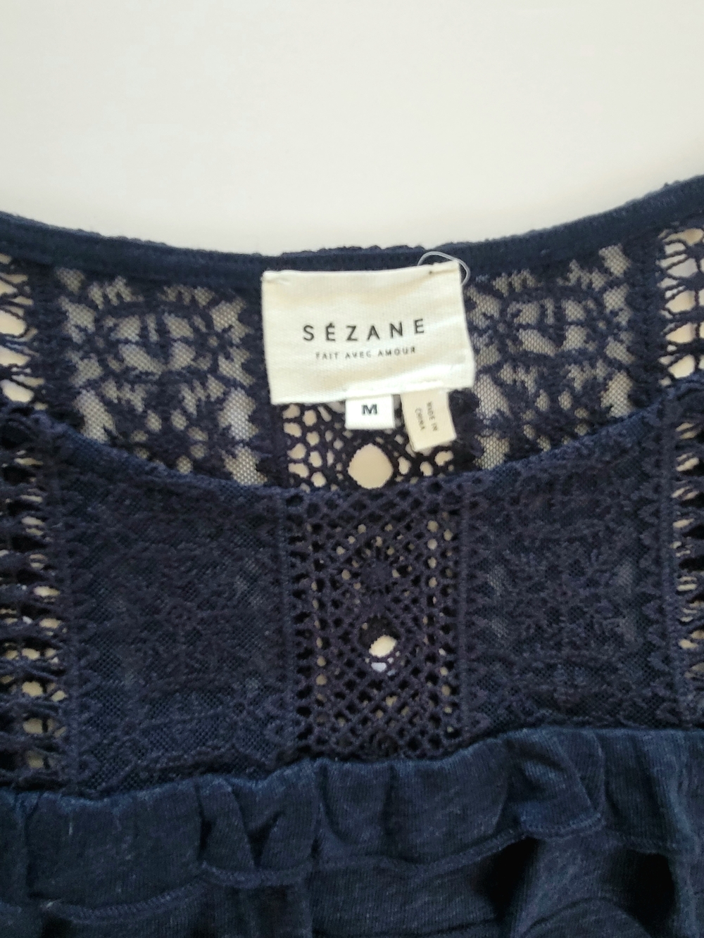 Sezane Lucette 100% Linen Lace and Ruffle T-shirt Top, Navy, Size M - Picture 4 of 9